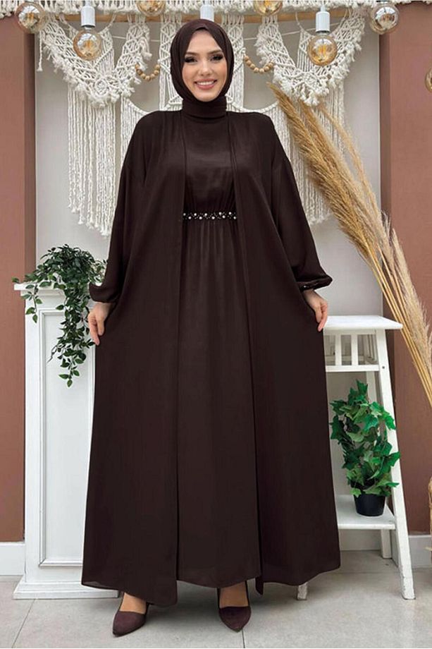 KADIN KAHVE TAŞ DETAYLI ELBİSELİ TAKIM T 0948 - 1