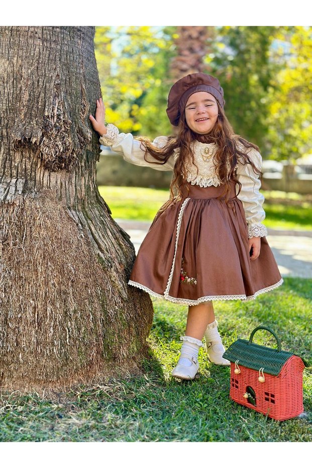 Brown Skirt Embroidered Baby Girl Dress, Birthday Dress, Photo Shoot Dress, 0-12 Years Old