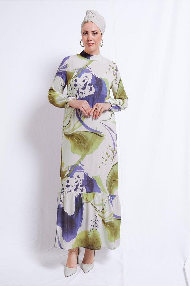 KADIN SARI (LAVANTA-SARI) DESENLİ VİSKON ELBİSE T 7374 - 1