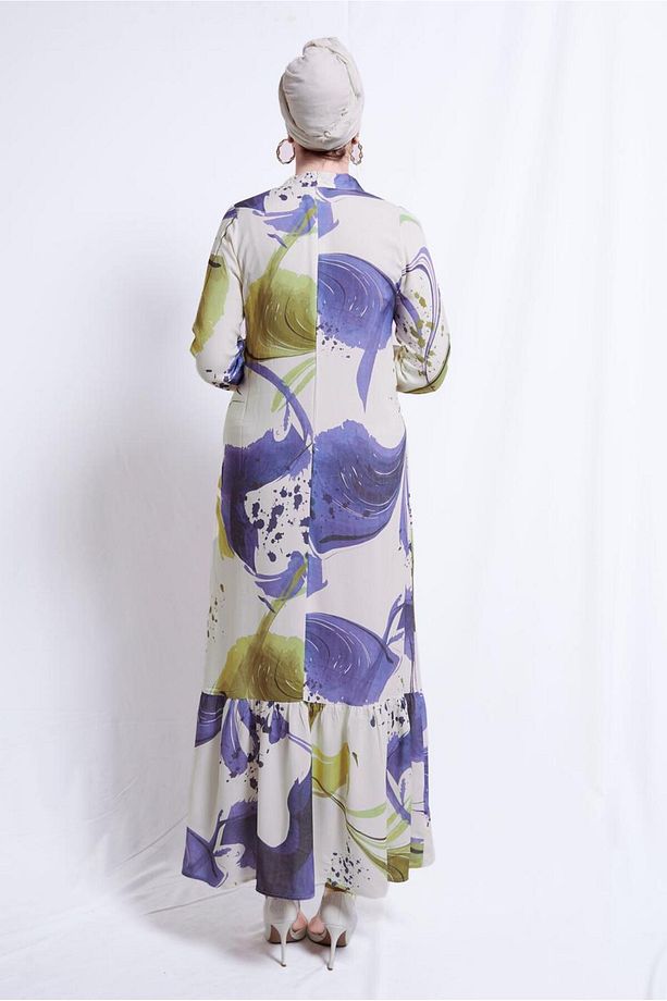KADIN SARI (LAVANTA-SARI) DESENLİ VİSKON ELBİSE T 7374 - 3