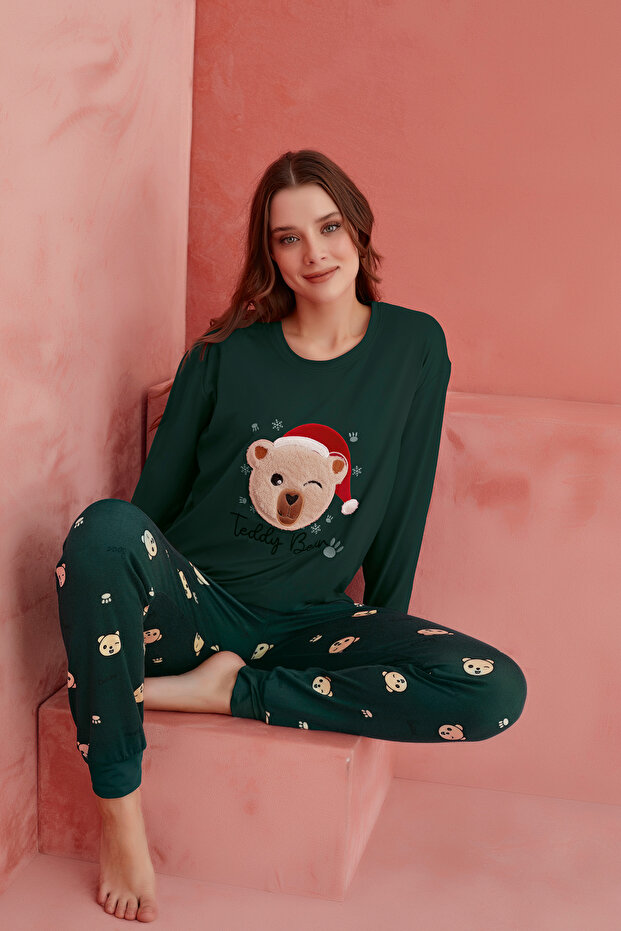 Yeşil Teddy Bear Desenli Luxury Termal Kadın Pijama Takım - 1