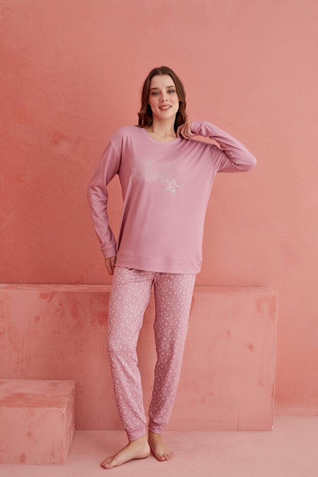 Pembe Shine Yıldız Desenli Luxury Termal Kadın Pijama Takım - 2