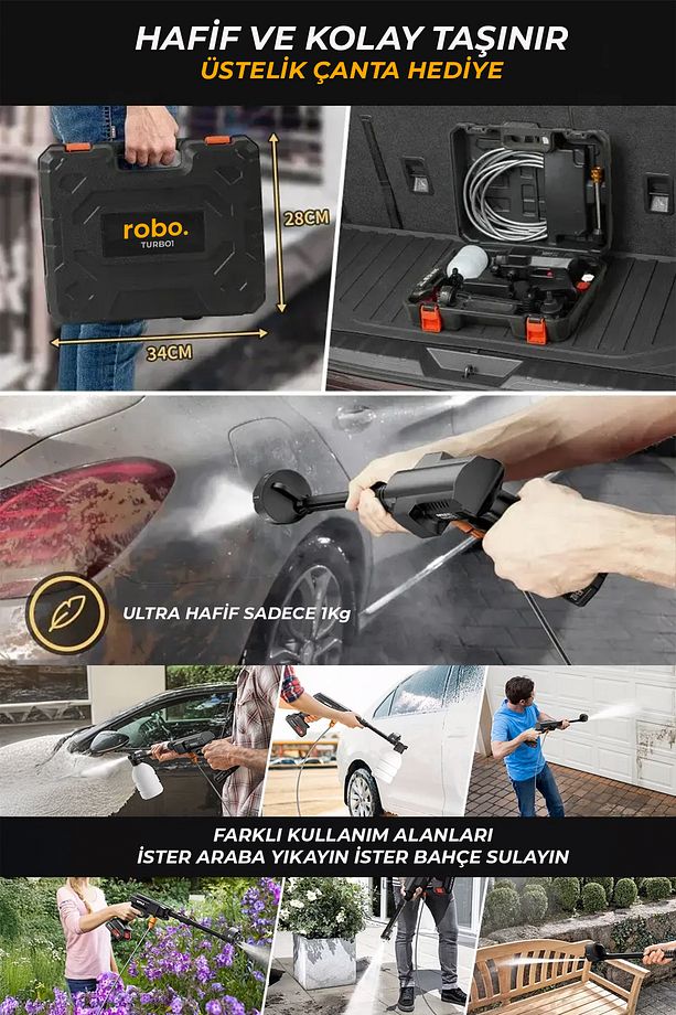 Turbo 1  Şarjlı  70 Bar Yüksek Basınçlı  Oto Yıkama Makinesi  Ve Sulama Tabancası - 3