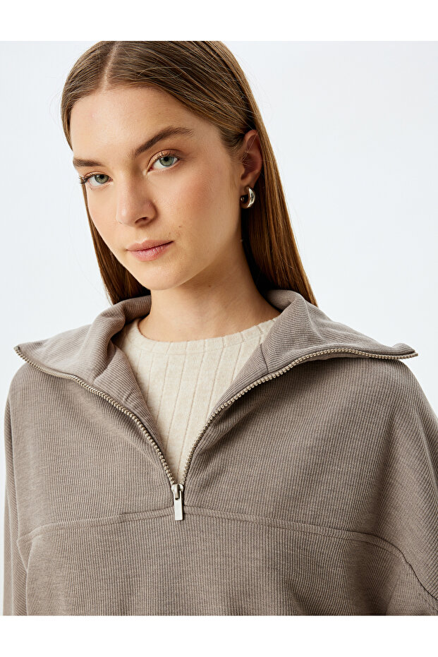Long Sleeve Half Zipper Detail Stand Collar Knitted Sleepwear Top