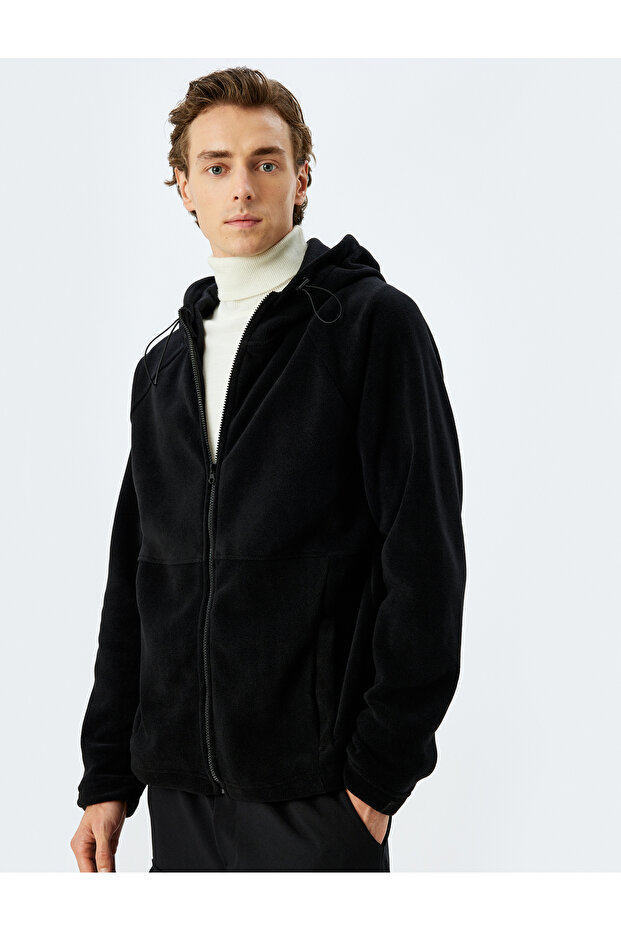 Basic Pocket Hooded Fleece Cardigan with Zippered Stitching Detail