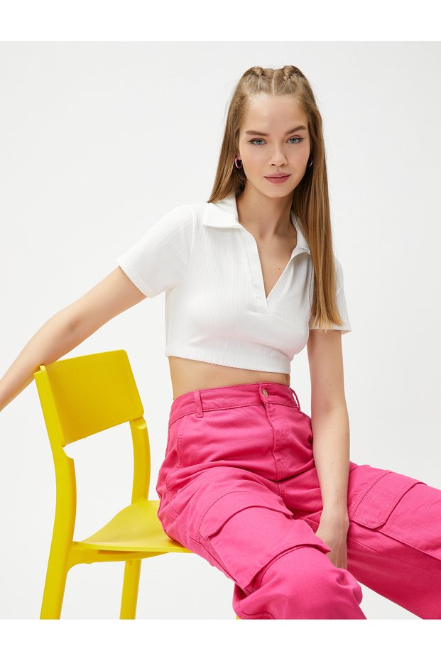 Polo Neck T-Shirt Crop Ribbed Short Sleeve