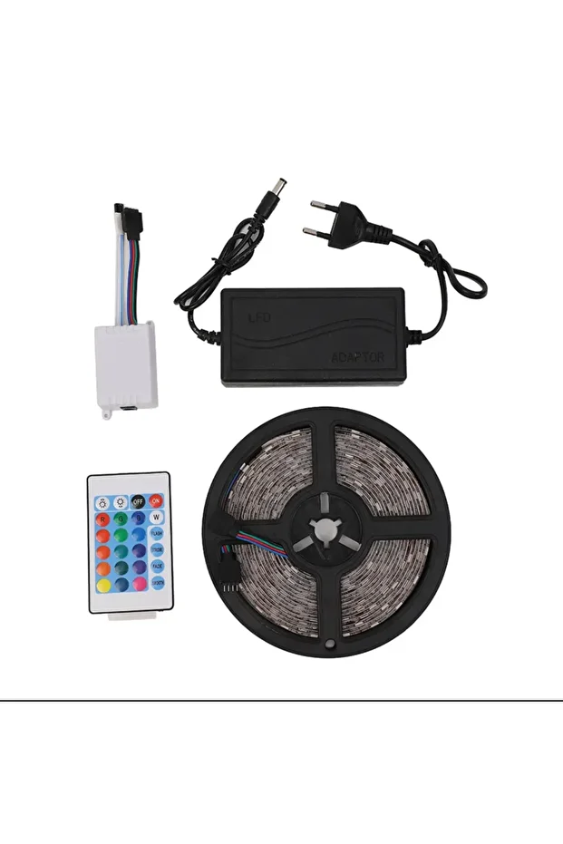 Rgb Şerit Led 5 Metre 16 Renk Kumandalı Tak Çalıştır 3 Çip 3 Direnç Slikonlu 12 Volt 5 Amper Adaptör - 1