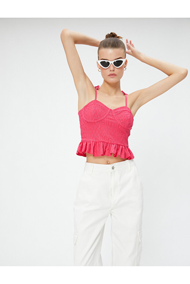 Strappy Undershirt Underwire Ruffle Detailed Embroidered Slim Fit