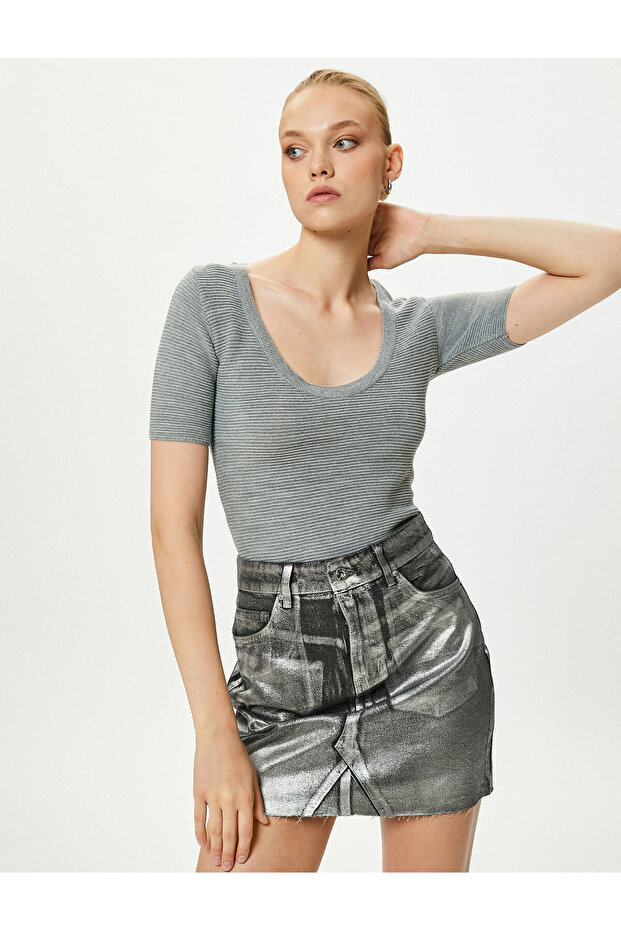 Short Sleeve Knitwear Sweater Round Neck Ribbed