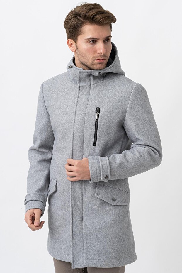Gray Slim Fit Hooded Cashmere Coat with Zipper Closure Pockets