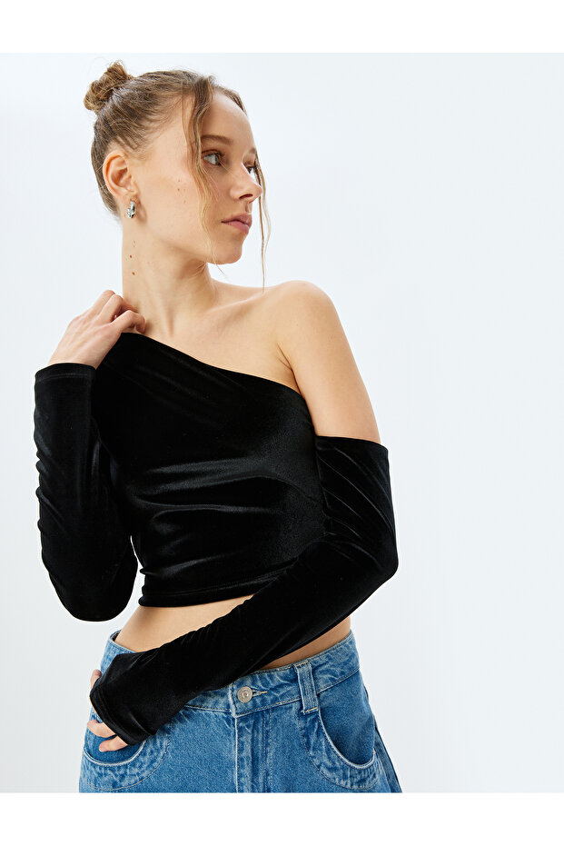 One Shoulder Asymmetrical Collar Long Sleeve Crop Velvet T-Shirt