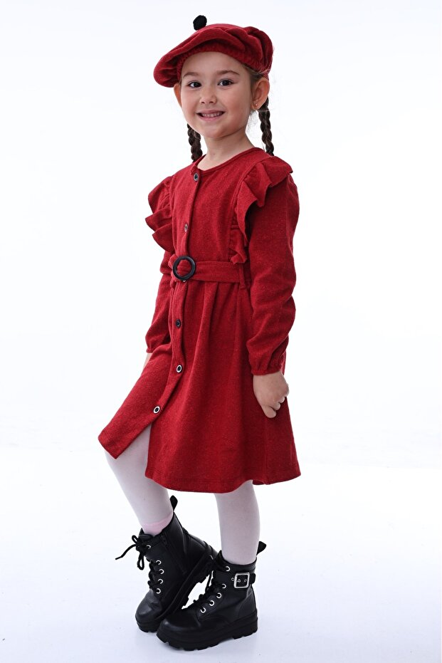 Kırçıllı Kırmızı Kız Çocuk Elbisesi (3-8 YAŞ) -şapkalı, Kemerli, Bahar Ve Bayramlık Özel Tasarım - 5