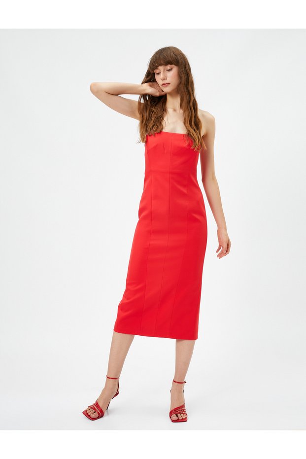 Strapless Evening Dress Midi Length Slit Detailed