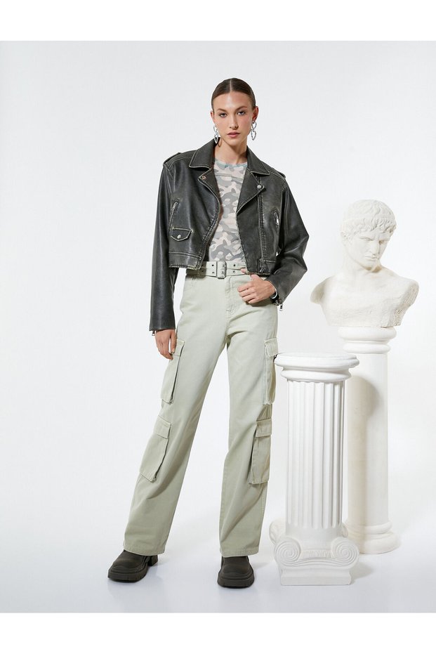 Crop Faux Leather Jacket Zippered Double Breasted Pocket