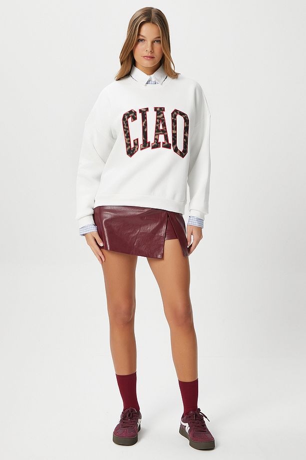 Kadın Ciao Nakışlı İçi Polarlı Leopar Ekru Oversize Seeatshirt - 8