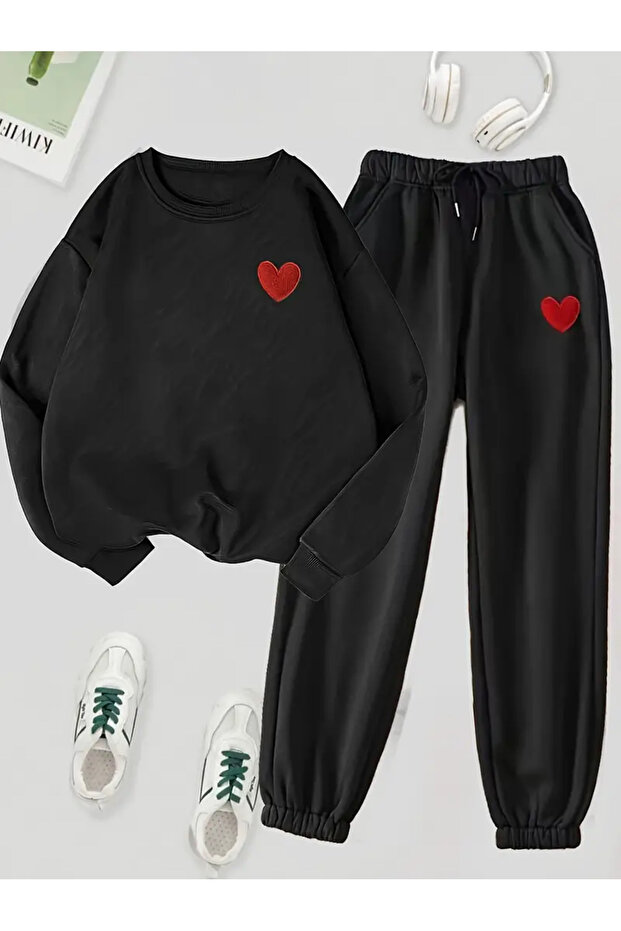 Red Heart Printed Top and Bottom Unisex Oversize Hooded Sweatshirt Tracksuit Set