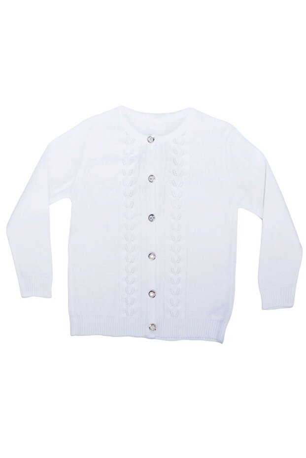 Girl's White Stripe Knitted Patterned Pearl Buttoned Knitwear Cardigan
