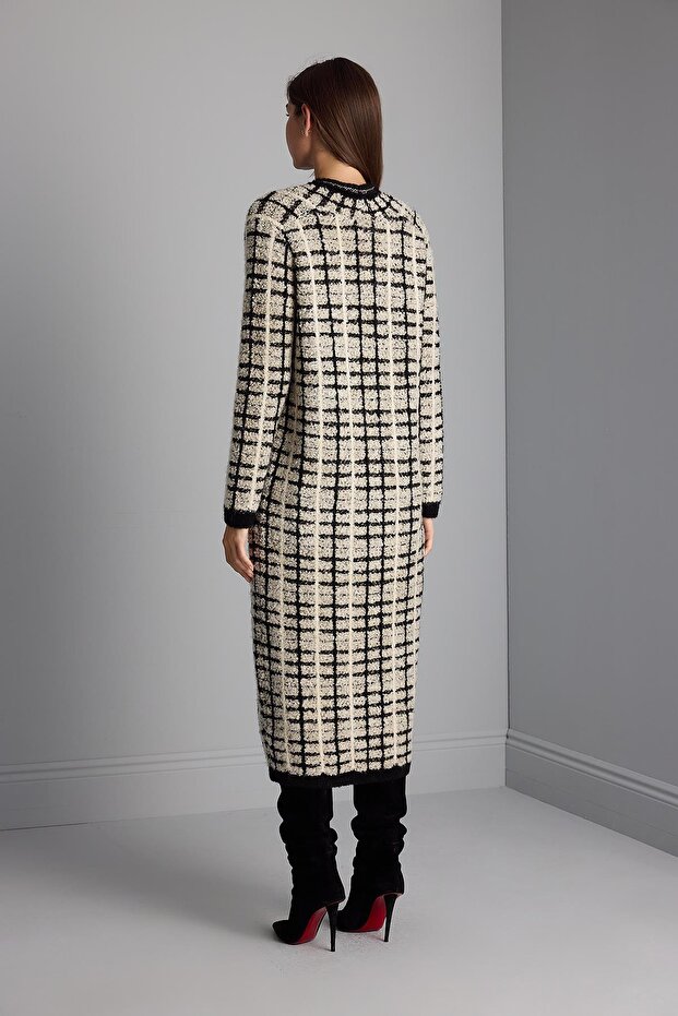 Simli Kareli Tek Düğmeli Siyah Maxi Triko Kaban - 6