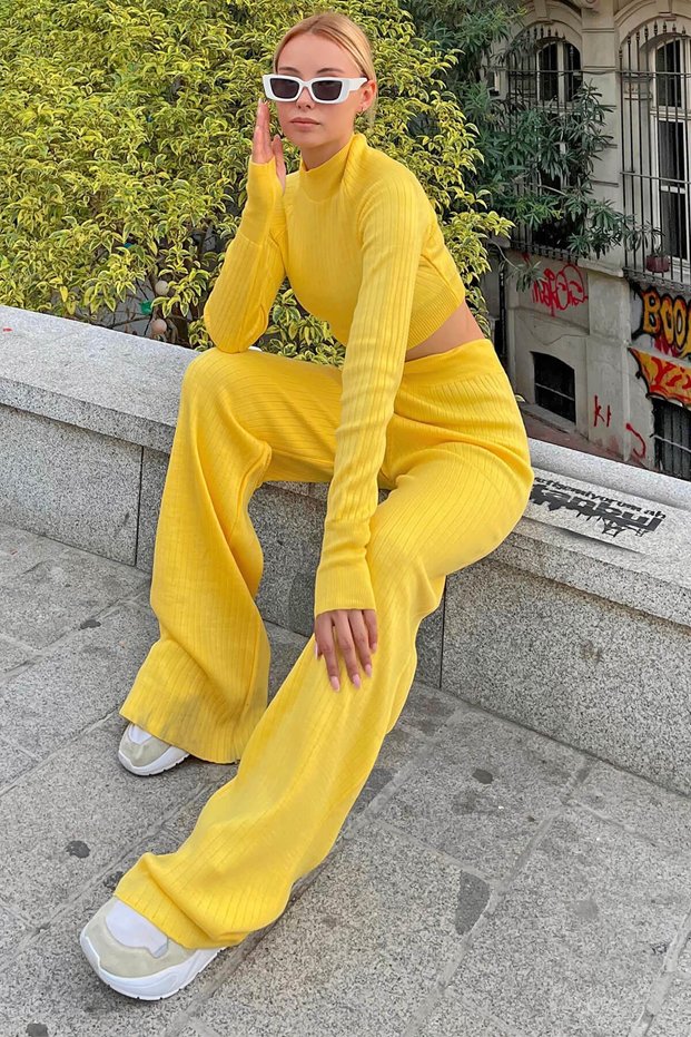 Yellow Half Fisherman Knit Crop Sweater Trousers Knitwear Bottom-Top Set