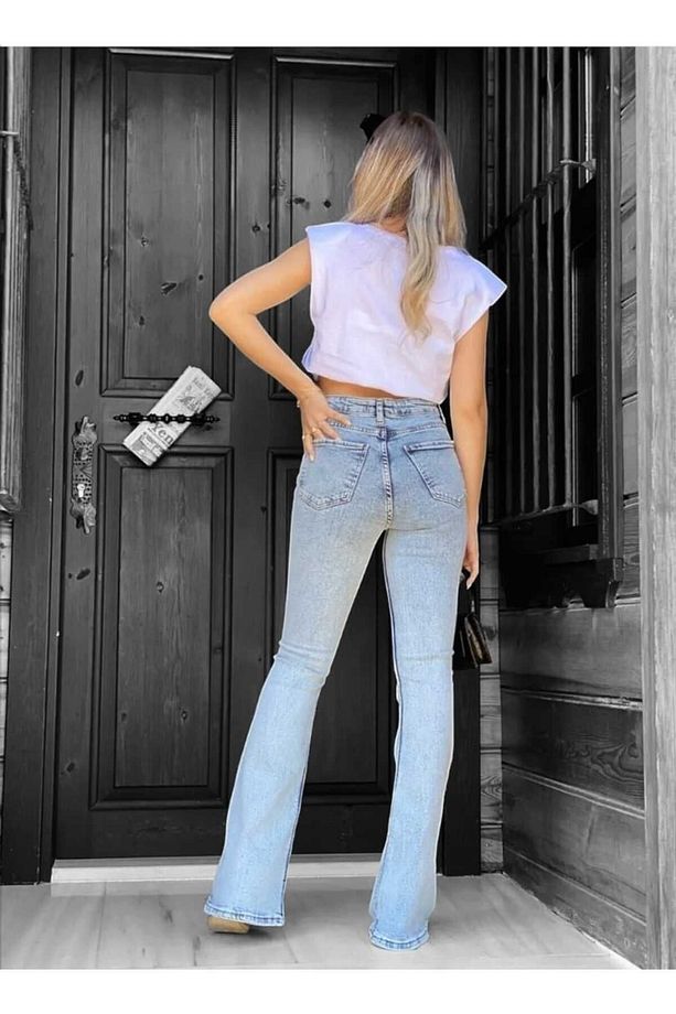 Alex Buz Kar Ispanyol Mavi Kot Yüksek Bel Mavi Kar Yıkama Flare Jeans Kot Pantolon - 3