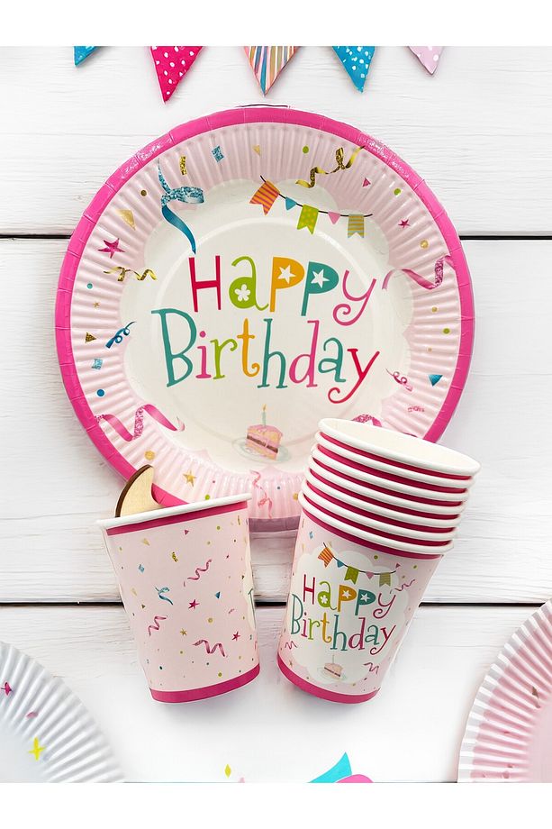 Pembe Happy Birthday Kullan - At Tabak ve Bardak Seti 8 Kişilik Doğum Günü Parti Seti - 3