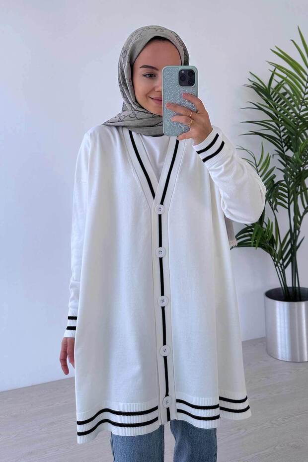 Mercerized Hijab Cardigan with Line Detail Buttons - White - 1