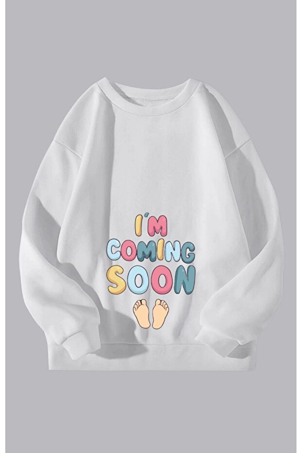 Women's I'M Coming Soon Printed Pregnant Oversize Crew Neck Sweatshirt