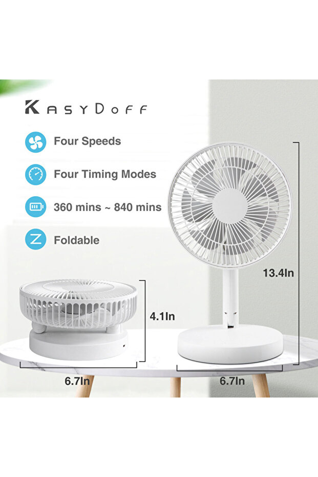 مروحة طاولة USB قابلة لإعادة الشحن من WHITE KASYDoFF، مروحة صغيرة محمولة بسعة 7200 مللي أمبير، مروحة تبريد صغيرة قابلة للطي