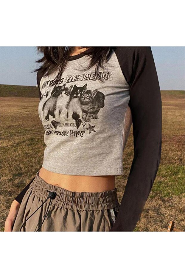 Gray Black Sleeve Cats Half Long Sleeve T-Shirt