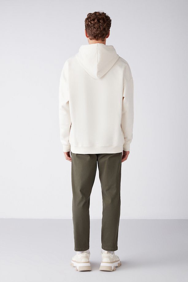 Steve Erkek Yumusaçık Kumaşlı Kordonlu Oversize Kapüşonlu Kanguru Cepli Ekru Sweatshirt - 5