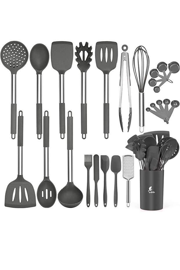 Guojin Gray Kitchen Set - 26 Pieces Stainless Steel and Silicone Spatula