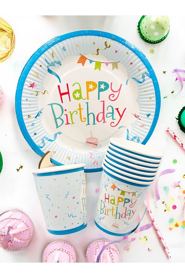 Mavi Happy Birthday Kullan - At Tabak ve Bardak Seti 8 Kişilik Doğum Günü Parti Seti - 2