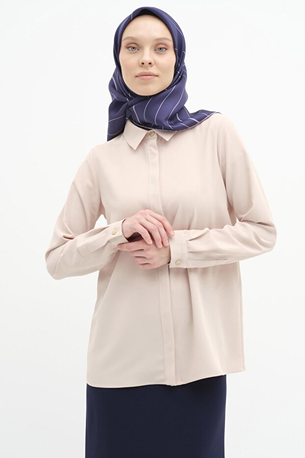 Basic Gizli Patlı Gömlek - Bej - 2