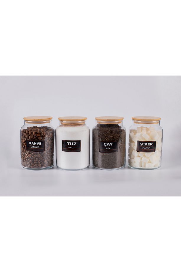 4'Lü 1000 ml Çay Şeker Kahve Tuz Kavanozu Tezgah Üstü Erzak Saklama Kabı - 4