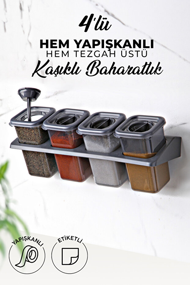 Food Container Set - Set of 4 Spices with Labels, Stand, Lock and Square