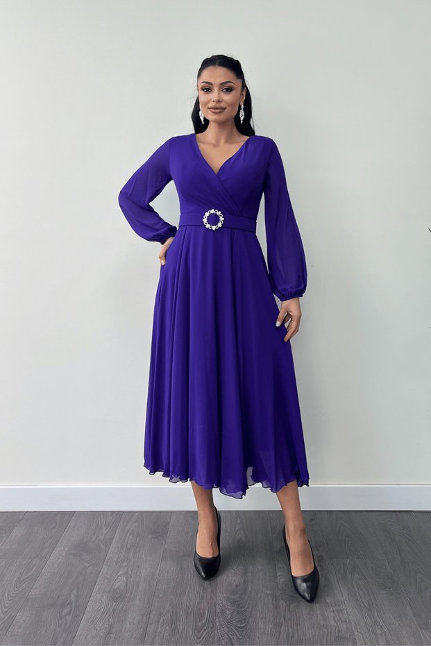 Chiffon fabric belt detailed midi dress - purple