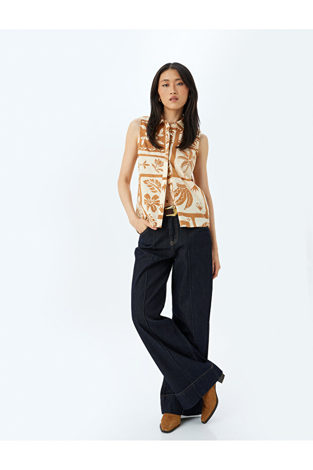 Cotton Classic Collar Floral Print Sleeveless Shirt