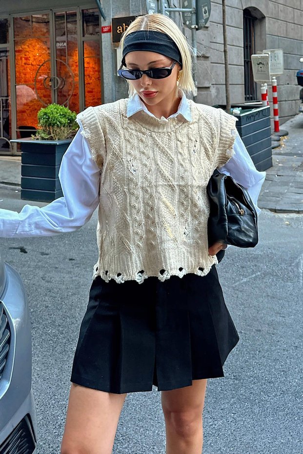 Beige Leaf Hair Knit Ripped Detail Women's Knitwear Sweater
