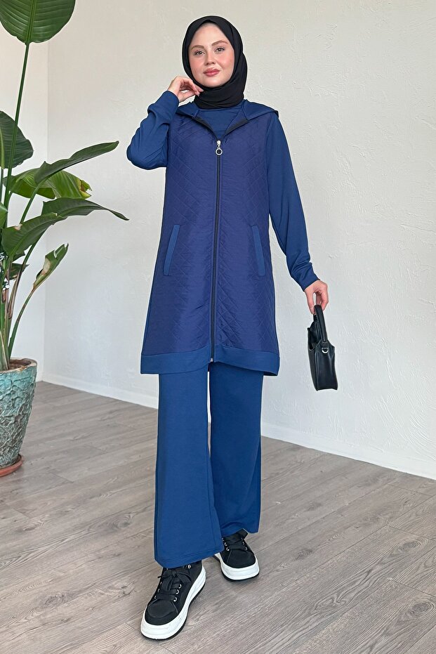 Zippered Quilted Dark Blue Triple Set