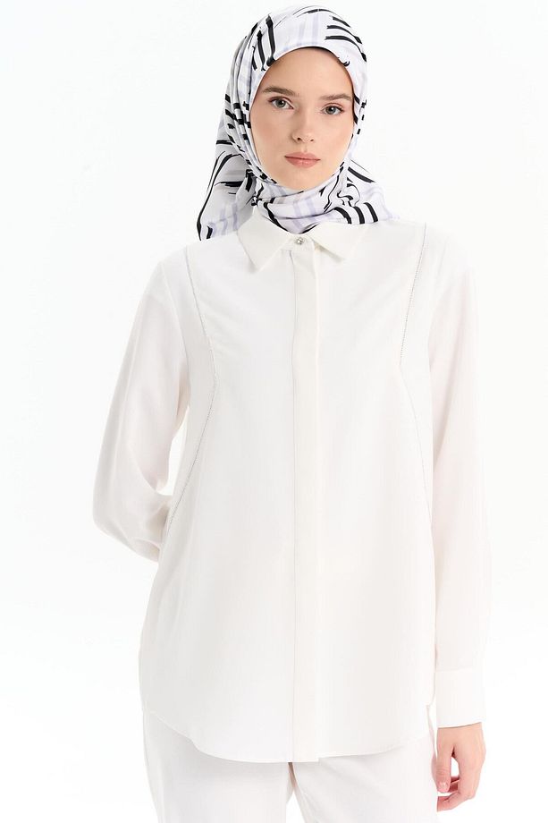 Taş Şerit Detaylı Gömlek - Ekru - 2