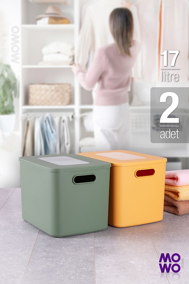 Retro Box 2’li Yeşil-sarı Renk 17 Lt Düzenleyici Kapaklı Saklama Kutusu, Organizer - 1