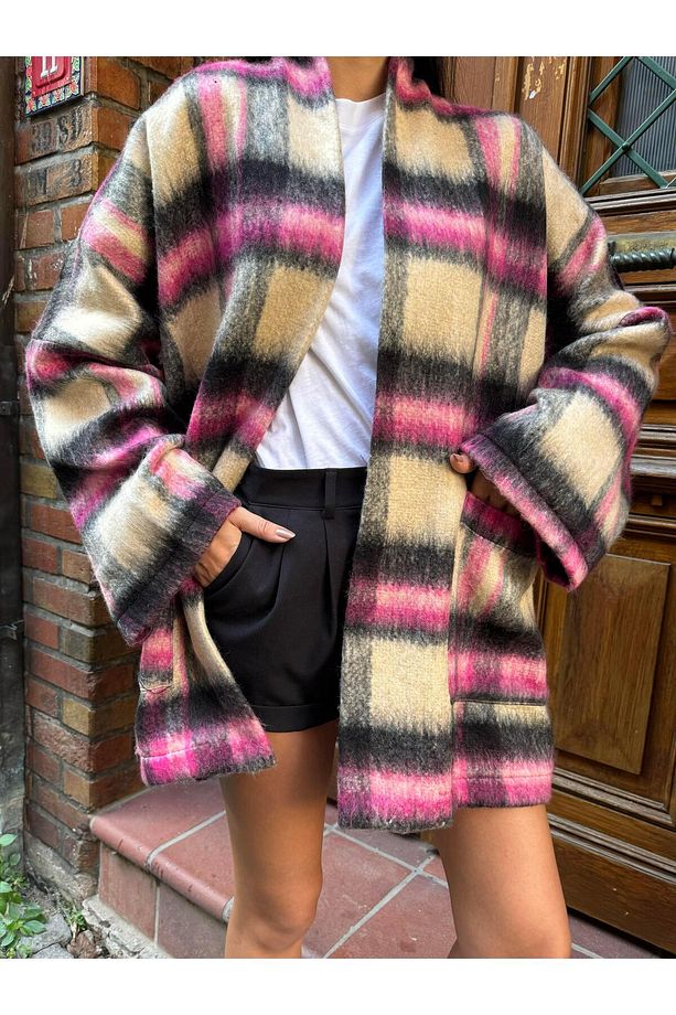 Kadın Astarlı Şardonlu Oversize Kaşe Hırka 26194 - 2