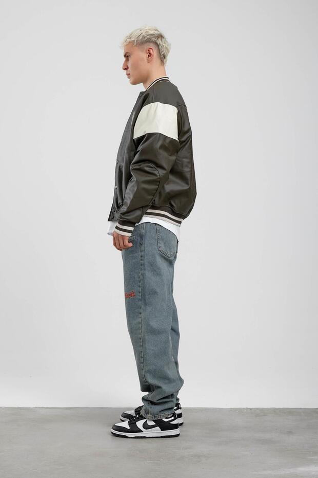 Jachetă bomber din piele artificială brodata kaki - 5