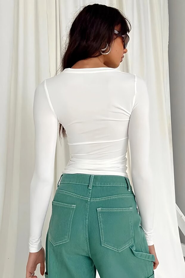 Beyaz Bisiklet Yaka Basic Uzun Kollu Body - 3