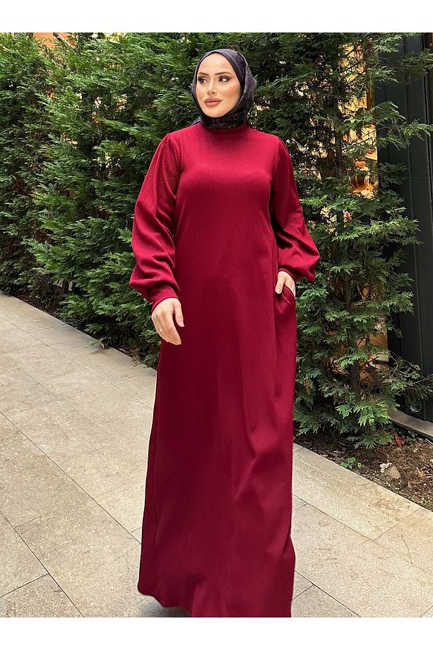 Kendinden Pliseli Elbise - Bordo - SAHRA BUTİK - 4