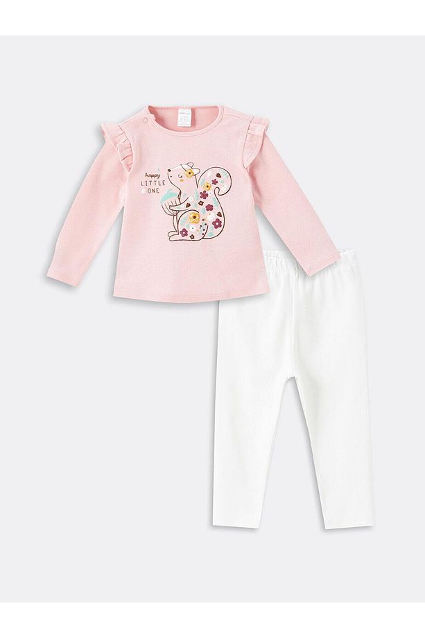LCW baby Bisiklet Yaka Uzun Kollu Baskılı Kız Bebek Bluz ve Tayt 2'li Takım - 1