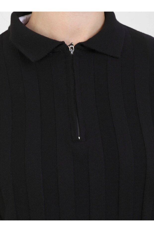 Fermuarlı Basic Kısa Triko Kazak - Siyah- Benin - 4