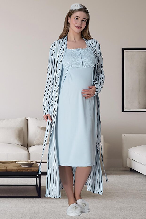 Mecit 6006 Maternity Nightgown Set with Blue Striped Long Dressing Gown