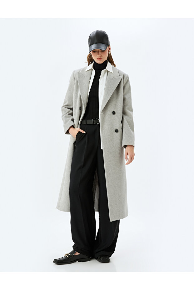 Buttoned Double Breasted Extra Long Stamp Coat