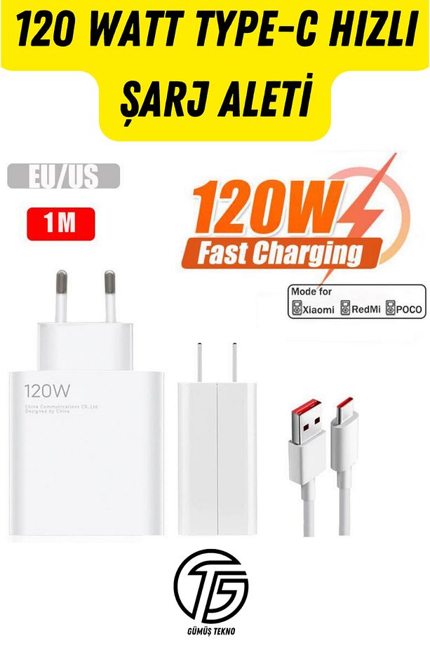 120 Watt Type C Yüksek Hızlı Şarj Aleti USB Başlık + Type C Kablo Redmi Note 12 Pro+ 5G Uyumlu - 1